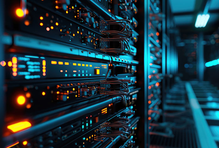 Closeup photo of computers and racks in a network telecommunications room