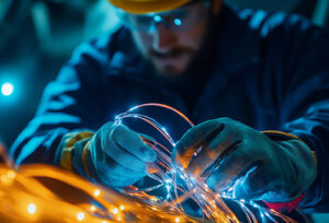 Closeup photo of a technician splicing fiber optic cables