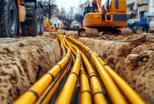 Photo of large yellow utility and communications cables in an underground trench with construction equipment in the background