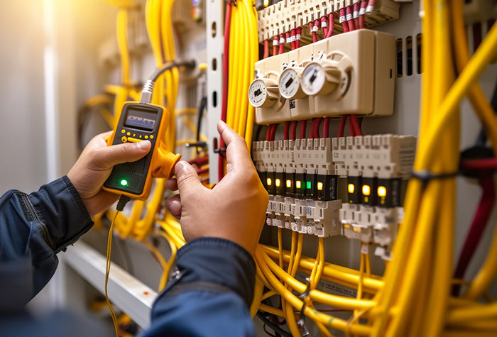 santa-barbara-structured-cabling-700 Telecommunications technician troubleshooting structured cabling issues and signal strength