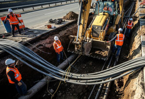 Photo of several construction workers and a backhoe in a deep trench, preparing for installation of telecommunications and utility cables