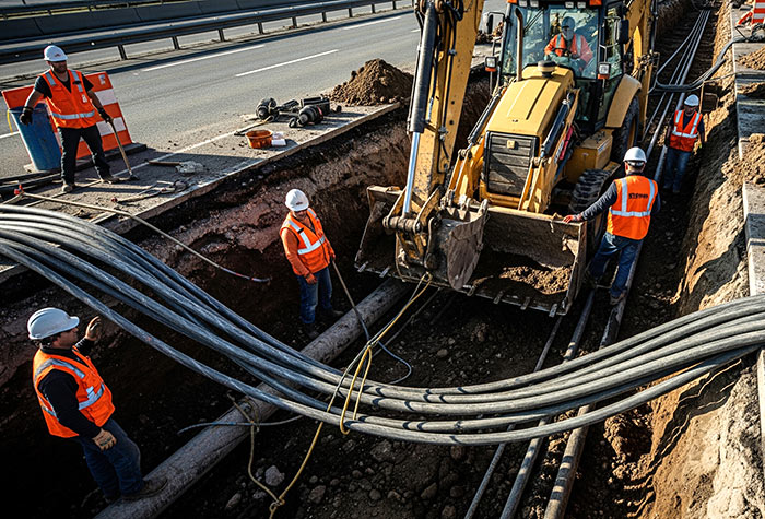 Photo of several construction workers and a backhoe in a deep trench, preparing for installation of telecommunications and utility cables