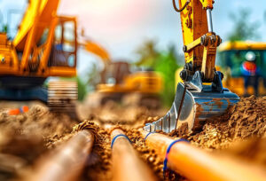 AI photo of heavy construction equipment preparing for underground installation of utility and communications cables