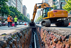 Photo of a large excavator digging a deep trench in the middle of the street for communications and utility cables