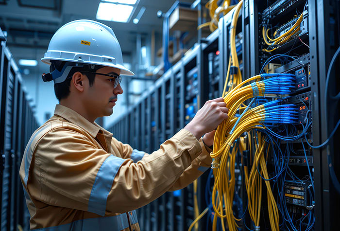 santa-barbara-structured-cabling--2-700 Structured cabling specialist troubleshooting cable connections in a computer server room